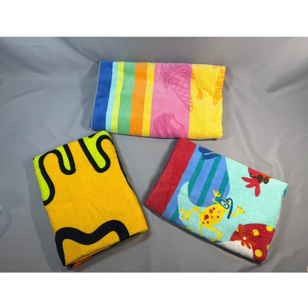 Lot of 3 Beach Towels Multi Color Ice Cream Melting Smiley Face Zoo Animals